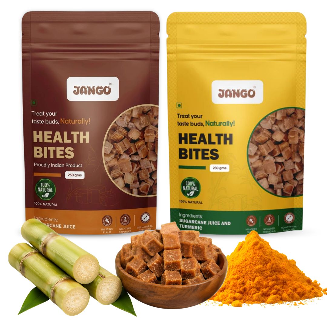 JANGO Health Bites Natural Sugarcane Jaggery Combo – Sugarcane & Turmeric Jaggery | 100% Pure & Healthy | Zero Added Sugar | Jaggery Cubes small | 500g (250g x 2)