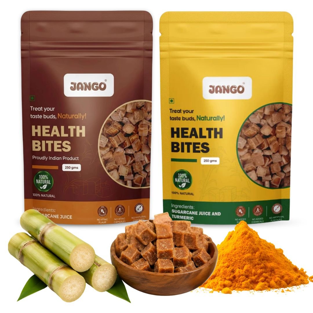 JANGO Health Bites Natural Sugarcane Jaggery Combo – Sugarcane & Turmeric Jaggery | 100% Pure & Healthy | Zero Added Sugar | Jaggery Cubes small | 500g (250g x 2)