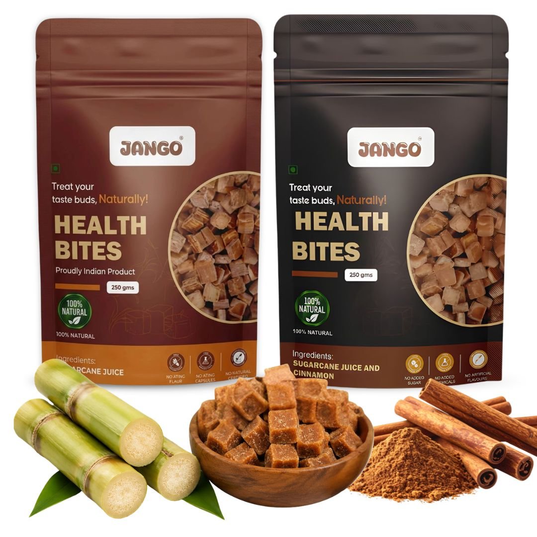 JANGO Health Bites Natural Sugarcane Jaggery Combo – Sugarcane & Cinnamon Jaggery | 100% Pure & Healthy | Zero Added Sugar | Jaggery Cubes small | 500g (250g x 2)