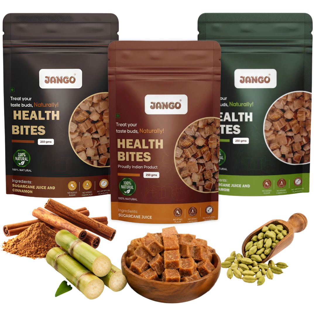 JANGO Health Bites Natural Sugarcane Jaggery Combo – Sugarcane, Cinnamon, Cardamom Jaggery | 100% Pure & Healthy | Zero Added Sugar | Jaggery Cubes small | 750g (250g x 3)
