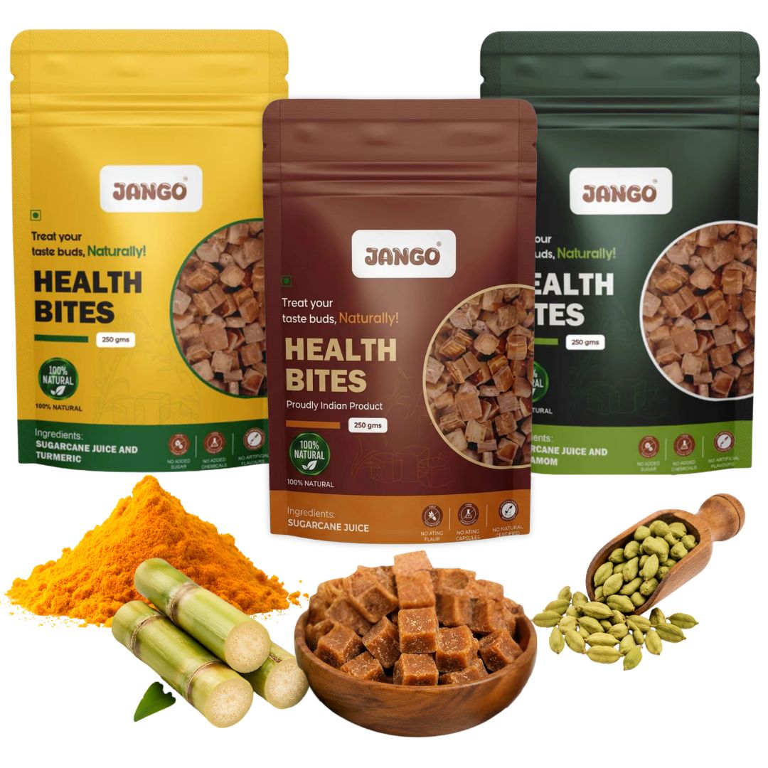 JANGO Health Bites Natural Sugarcane Jaggery Combo – Sugarcane, Turmeric, Cardamom Jaggery | 100% Pure & Healthy | Zero Added Sugar | Jaggery Cubes small | 750g (250g x 3)