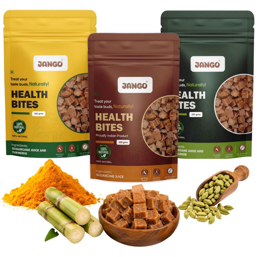 JANGO Health Bites Natural Sugarcane Jaggery Combo – Sugarcane, Turmeric, Cardamom Jaggery | 100% Pure & Healthy | Zero Added Sugar | Jaggery Cubes small | 750g (250g x 3)