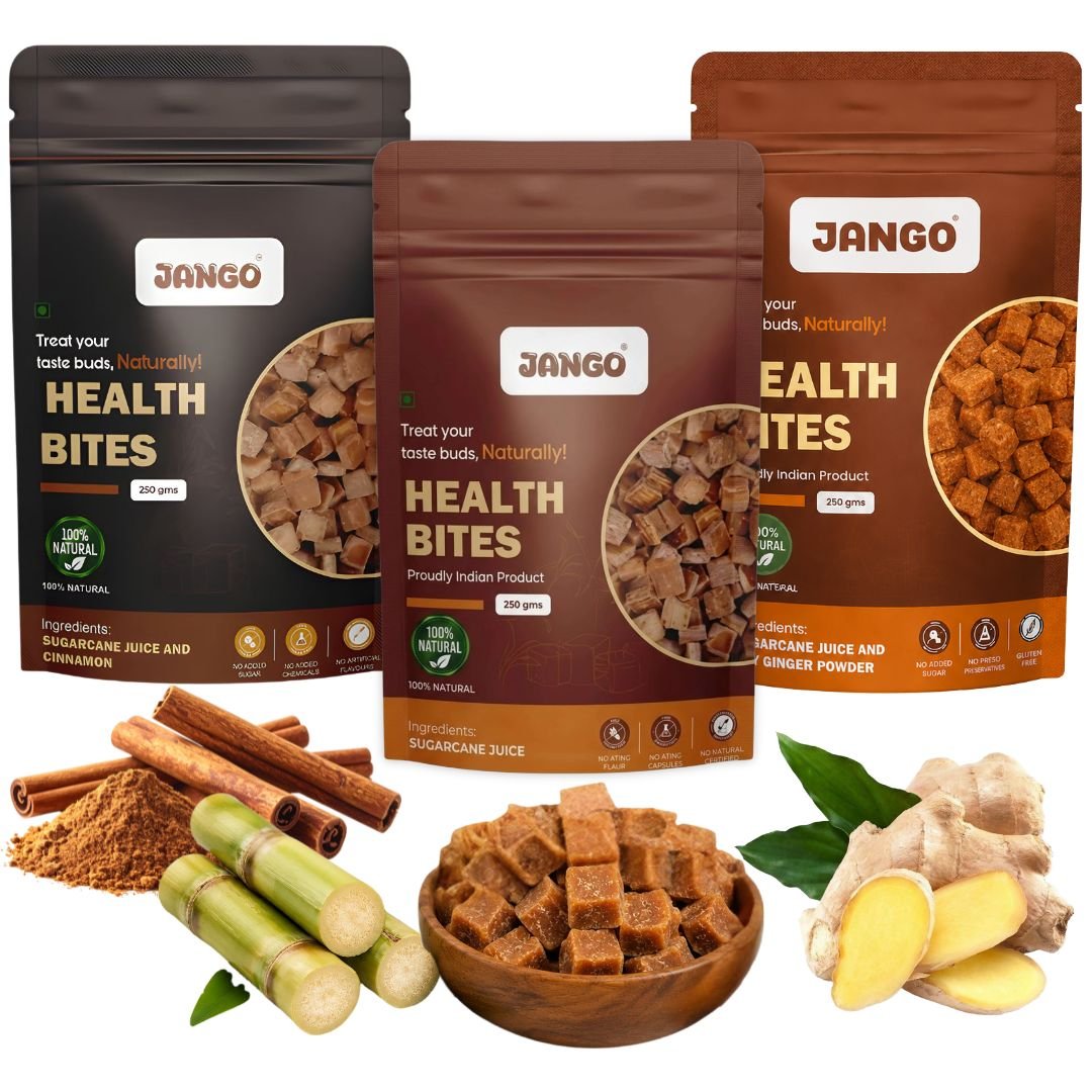 JANGO Health Bites Natural Sugarcane Jaggery Combo – Sugarcane, Cinnamon,Ginger Jaggery | 100% Pure & Healthy | Zero Added Sugar | Jaggery Cubes small | 750g (250g x 3)