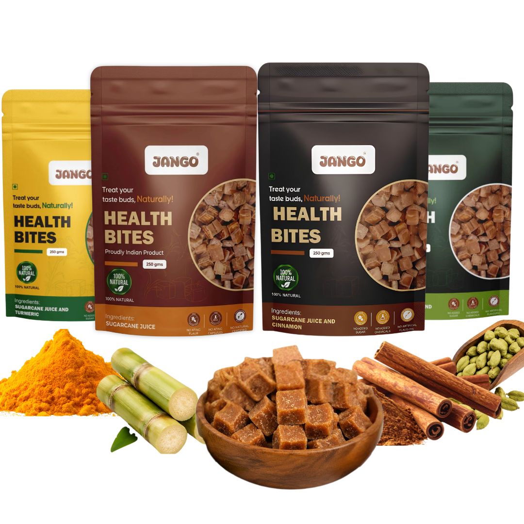 JANGO Health Bites Natural Sugarcane Jaggery Combo – Sugarcane, Turmeric & Cinnamon, Cardamom Jaggery | 100% Pure & Healthy | Zero Added Sugar | Jaggery Cubes small | 1kg (250g x 4)