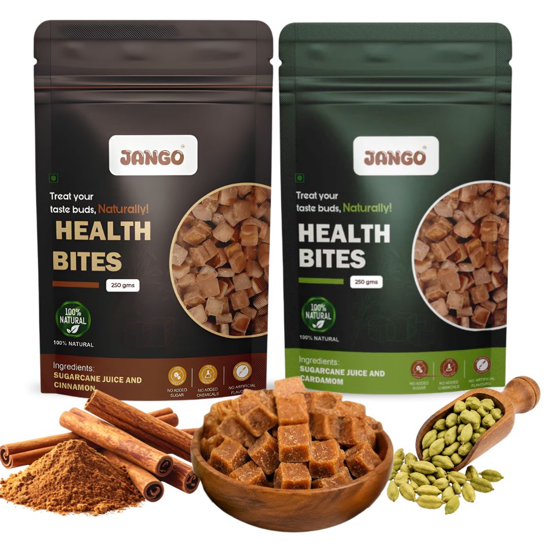 JANGO Health Bites Natural Sugarcane Jaggery Combo – Cinnamon & Cardamom Jaggery | 100% Pure & Healthy | Zero Added Sugar | Jaggery Cubes small | 500g (250g x 2)