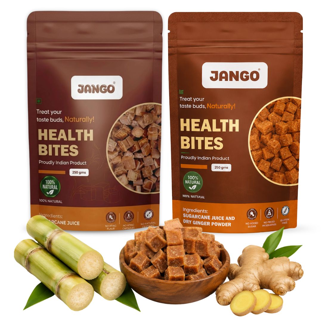 JANGO Health Bites Natural Sugarcane Jaggery Combo – Sugarcane & Ginger Jaggery | 100% Pure & Healthy | Zero Added Sugar | Jaggery Cubes small | 500g (250g x 2)