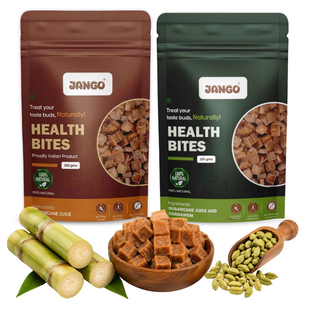 JANGO Health Bites Natural Sugarcane Jaggery Combo – Sugarcane & Cardamom Jaggery | 100% Pure & Healthy | Zero Added Sugar | Jaggery Cubes small | 500g (250g x 2)