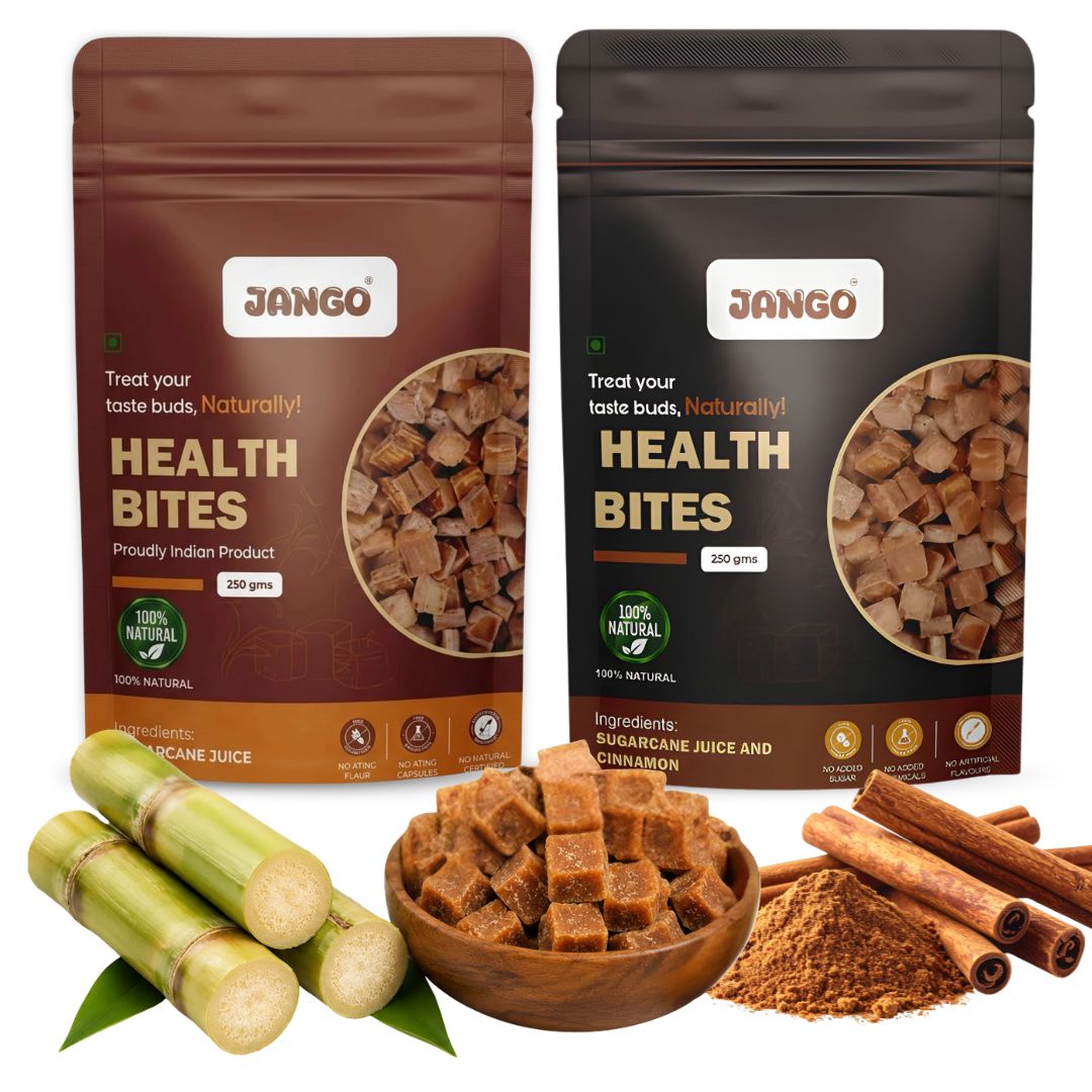 JANGO Health Bites Natural Sugarcane Jaggery Combo – Sugarcane & Cinnamon Jaggery | 100% Pure & Healthy | Zero Added Sugar | Jaggery Cubes small | 500g (250g x 2)