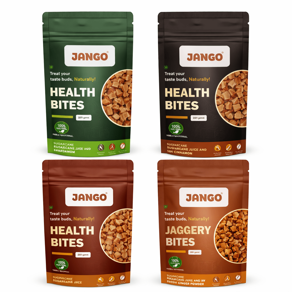 The Jaggery Bites Pack of 4 (Plain, Ginger, Cinnamon & Cardamom) (250 gm each)