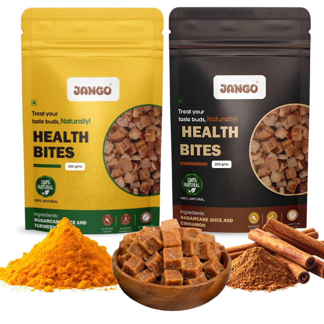 JANGO Health Bites Natural Sugarcane Jaggery Combo – Cinnamon & Turmeric Jaggery | 100% Pure & Healthy | Zero Added Sugar | Jaggery Cubes small | 500g (250g x 2)