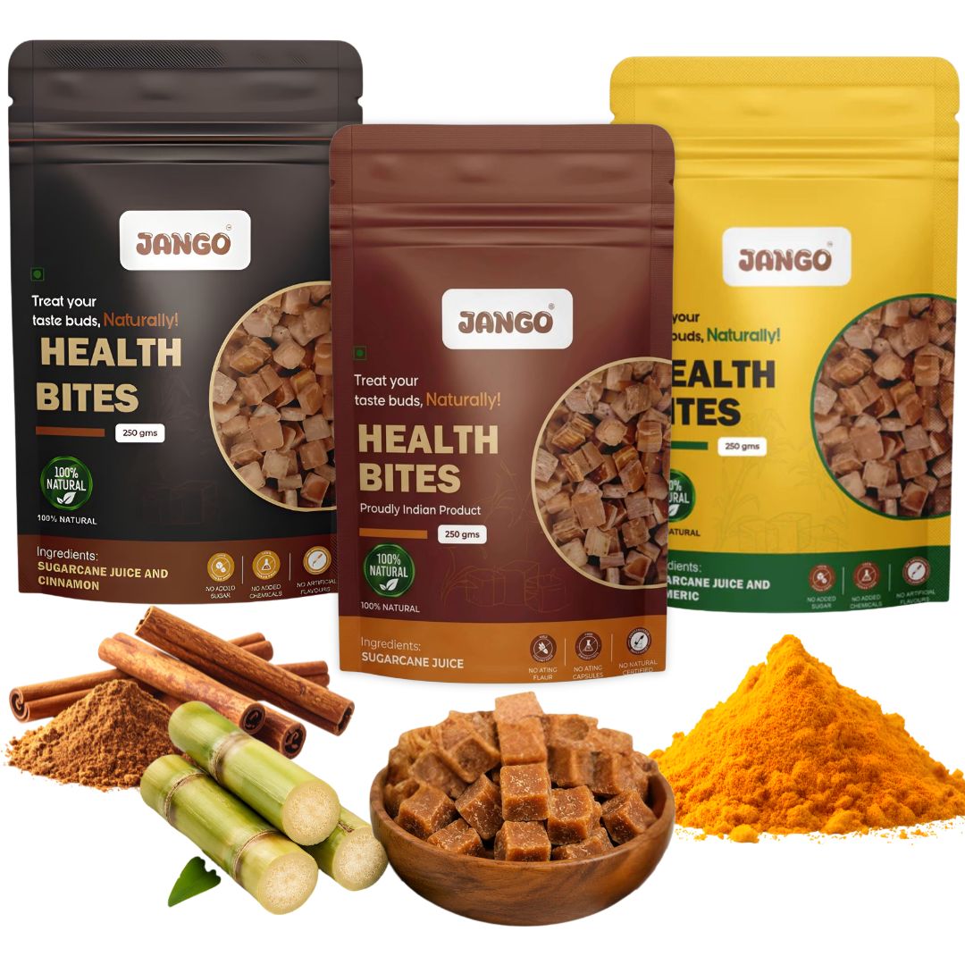 JANGO Health Bites Natural Sugarcane Jaggery Combo – Sugarcane, Cinnamon, Turmeric Jaggery | 100% Pure & Healthy | Zero Added Sugar | Jaggery Cubes small | 750g (250g x 3)