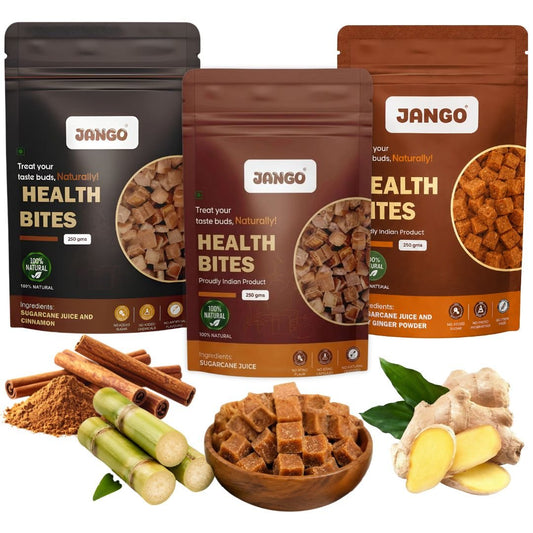 JANGO Health Bites Natural Sugarcane Jaggery Combo – Sugarcane, Cinnamon,Ginger Jaggery | 100% Pure & Healthy | Zero Added Sugar | Jaggery Cubes small | 750g (250g x 3)