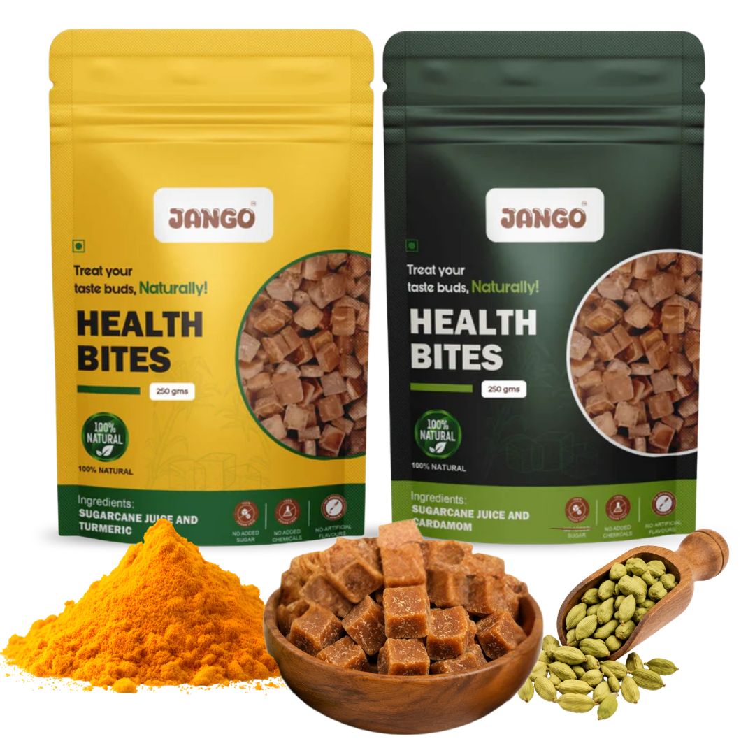 JANGO Health Bites Natural Sugarcane Jaggery Combo – Cardamom & Turmeric Jaggery | 100% Pure & Healthy | Zero Added Sugar | Jaggery Cubes small | 500g (250g x 2)