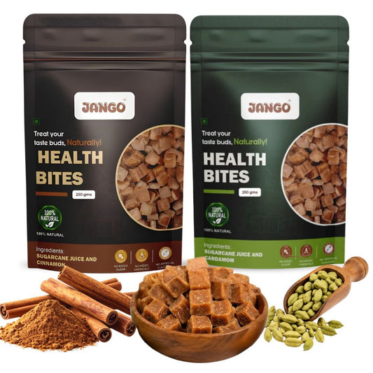JANGO Health Bites Natural Sugarcane Jaggery Combo – Cinnamon & Cardamom Jaggery | 100% Pure & Healthy | Zero Added Sugar | Jaggery Cubes small | 500g (250g x 2)
